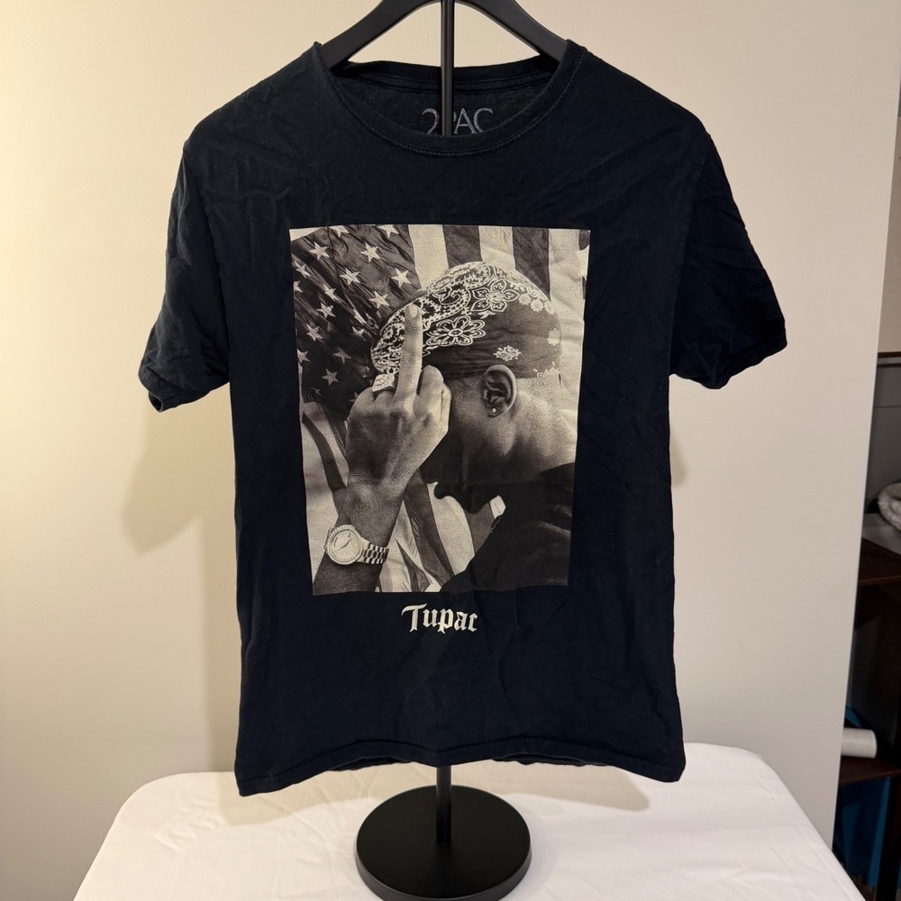 Tupac Shakur American Flag Graphic T-Shirt Black Cotton Hip Hop Tee Small